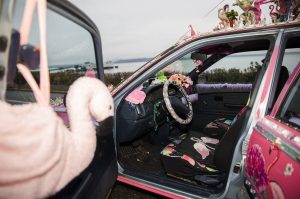 Flamingos fill the inside of Marty Vales art car. (Olivia Vanni / The Herald)