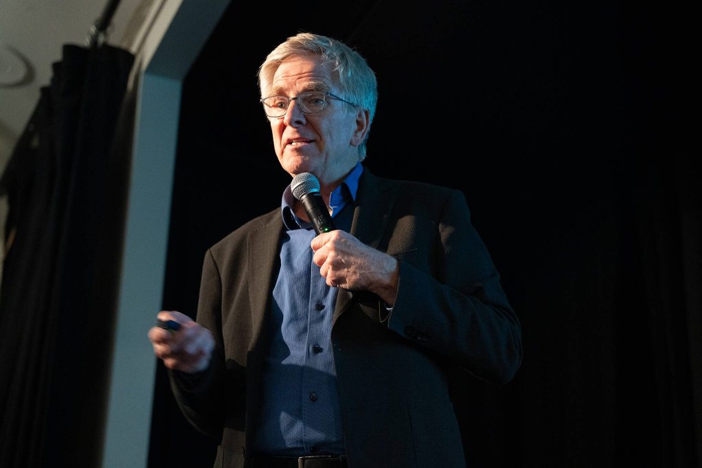 Rick Steves speaks at an event for his new book, On the Hippie Trail: Istanbul to Kathmandu and the Making of a Travel Writer, Thursday, Feb. 27 at Third Place Books in Lake Forest, Washington. (Will Geschke / The Herald)