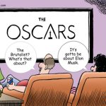 A couple watches the Oscars on TV, Elon Musk, DOGE, massive job cuts, 2025 Oscars, Academy Awards, movies, Best Picture Nominee, living room, Hollywood, Los Angeles, billionaire, richest man