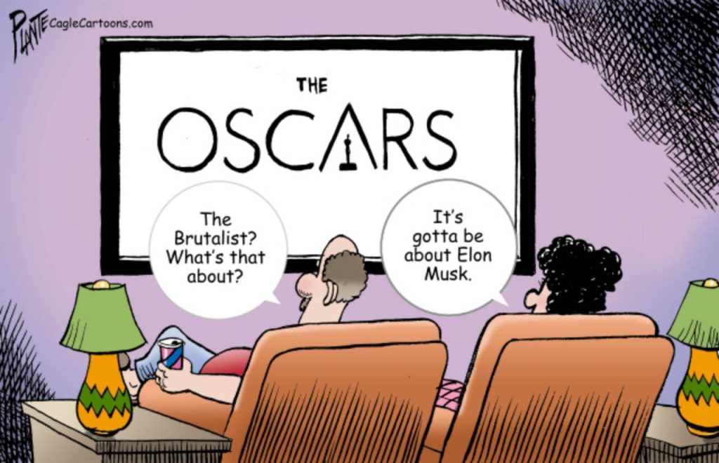 A couple watches the Oscars on TV, Elon Musk, DOGE, massive job cuts, 2025 Oscars, Academy Awards, movies, Best Picture Nominee, living room, Hollywood, Los Angeles, billionaire, richest man