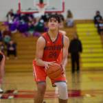 Monroe junior Chayce Waite-Kellar attempts a free throw during the Boys 3A District 1 Basketball Tournament in Marysville, Washington on Feb. 19, 2025. (Joe Pohoryles / The Herald)