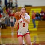 Stanwood junior Ellalee Wortham puts up a shot during the District 1 3A Girls Basketball Tournament in Marysville, Washington on Feb. 18, 2025. (Joe Pohoryles / The Herald)