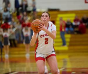 Stanwood junior Ellalee Wortham puts up a shot during the District 1 3A Girls Basketball Tournament in Marysville, Washington on Feb. 18, 2025. (Joe Pohoryles / The Herald)