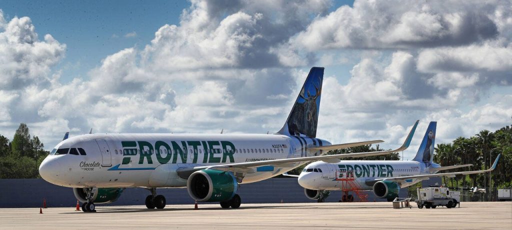 Frontier Airlines planes parked at Orlando International Airport in 2020. Beginning in June, Frontier will offer three new routes at Paine Field in Everett. (Joe Burbank/Orlando Sentinel)