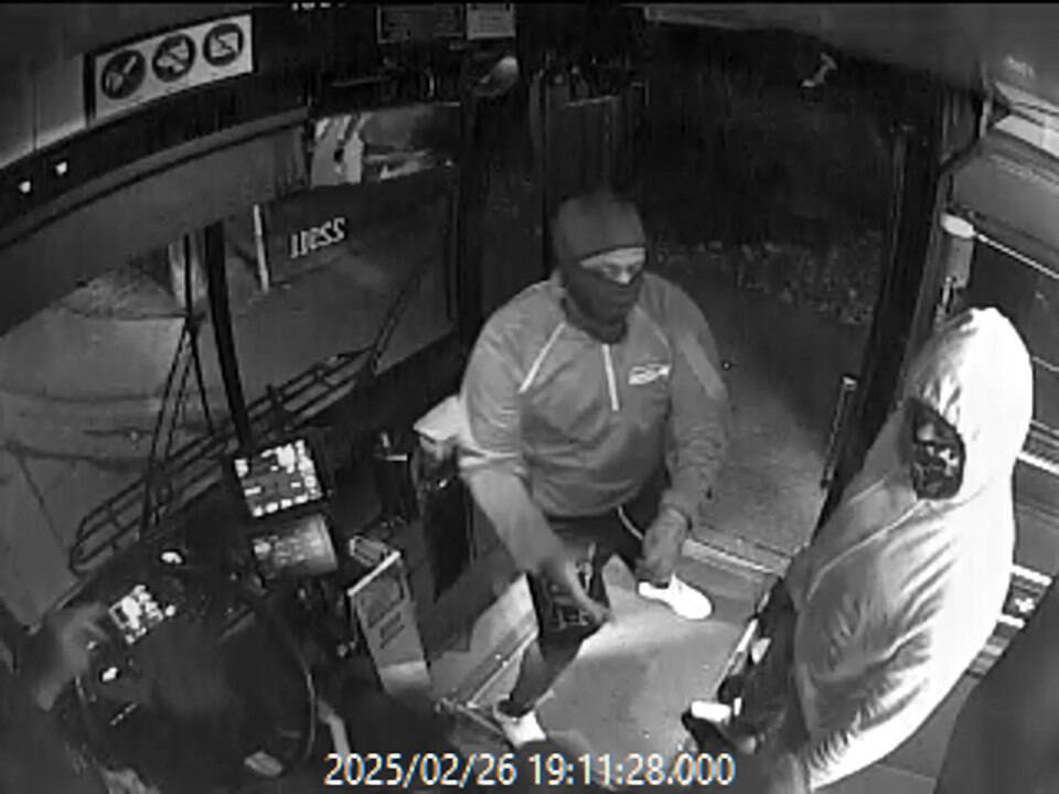 A screen grab from a surveillance video showing what police say is an assault and robbery of a Marysville bus driver on Feb. 26. (Provided photo)