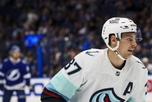 Seattle Kraken center Yanni Gourde (37), on the ice against the Tampa Bay Lightning, who traded for him Wednesday, during first period action at Amalie Arena on Tuesday, Dec. 13, 2022 in Tampa.