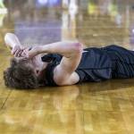 Glacier Peaks Reed Nagel lays on the ground after getting a foul called on him during the 4A boys semifinal game against Gonzaga Prep on Friday, March 7, 2025 in Tacoma, Washington. (Olivia Vanni / The Herald)