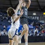Glacier Peaks Reed Nagel takes a jump shot during the 4A boys semifinal game against Gonzaga Prep on Friday, March 7, 2025 in Tacoma, Washington. (Olivia Vanni / The Herald)