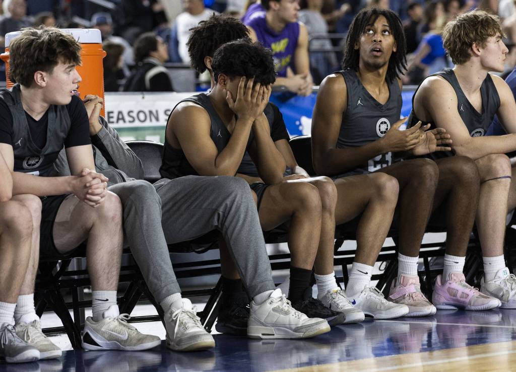 The Glacier Peak bench reacts to Gonzaga Prep taking the lead during the 4A boys semifinal game on Friday, March 7, 2025 in Tacoma, Washington. (Olivia Vanni / The Herald)