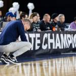 Glacier Peak head coach Brian Hunter hangs his head as Gonzaga Prep takes the lead during the 4A boys semifinal game on Friday, March 7, 2025 in Tacoma, Washington. (Olivia Vanni / The Herald)