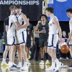 Glacier Peak players react to losing to Gonzaga Prep in the 4A boys semifinal game on Friday, March 7, 2025 in Tacoma, Washington. (Olivia Vanni / The Herald)