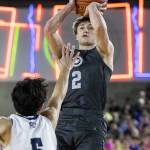Glacier Peaks Jo Lee takes a jump shot during the 4A boys semifinal game against Gonzaga Prep on Friday, March 7, 2025 in Tacoma, Washington. (Olivia Vanni / The Herald)