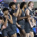The Glacier Peak bench reacts to a teammate drawing a foul during the 4A boys semifinal game against Gonzaga Prep on Friday, March 7, 2025 in Tacoma, Washington. (Olivia Vanni / The Herald)