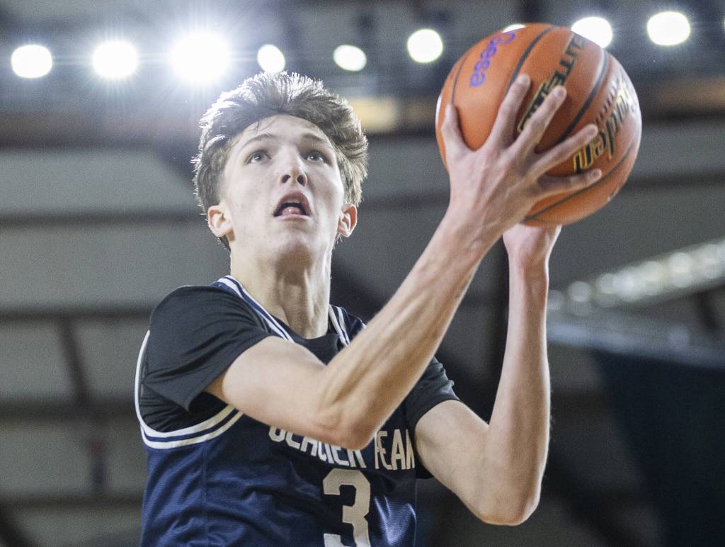Glacier Peaks Jack Taylor makes a layup during the 4A boys quarterfinal game against Camas on Thursday, March 6, 2025 in Tacoma, Washington. (Olivia Vanni / The Herald)