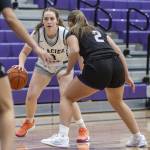 Glacier Peak’s Brynna Pukis looks for an open teammate during the 4A district loser-out playoff game against North Creek on Thursday, Feb. 20, 2025 in Kirkland, Washington. (Olivia Vanni / The Herald)