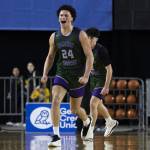 Edmonds-Woodways Julian Gray reacts to Mt. Spokane calling a timeout during the 3A boys semifinal game on Friday, March 7, 2025 in Tacoma, Washington. (Olivia Vanni / The Herald)