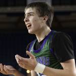 Edmonds-Woodways William Alseth reacts to a foul being called on him during the 3A boys semifinal game against Mt. Spokane on Friday, March 7, 2025 in Tacoma, Washington. (Olivia Vanni / The Herald)