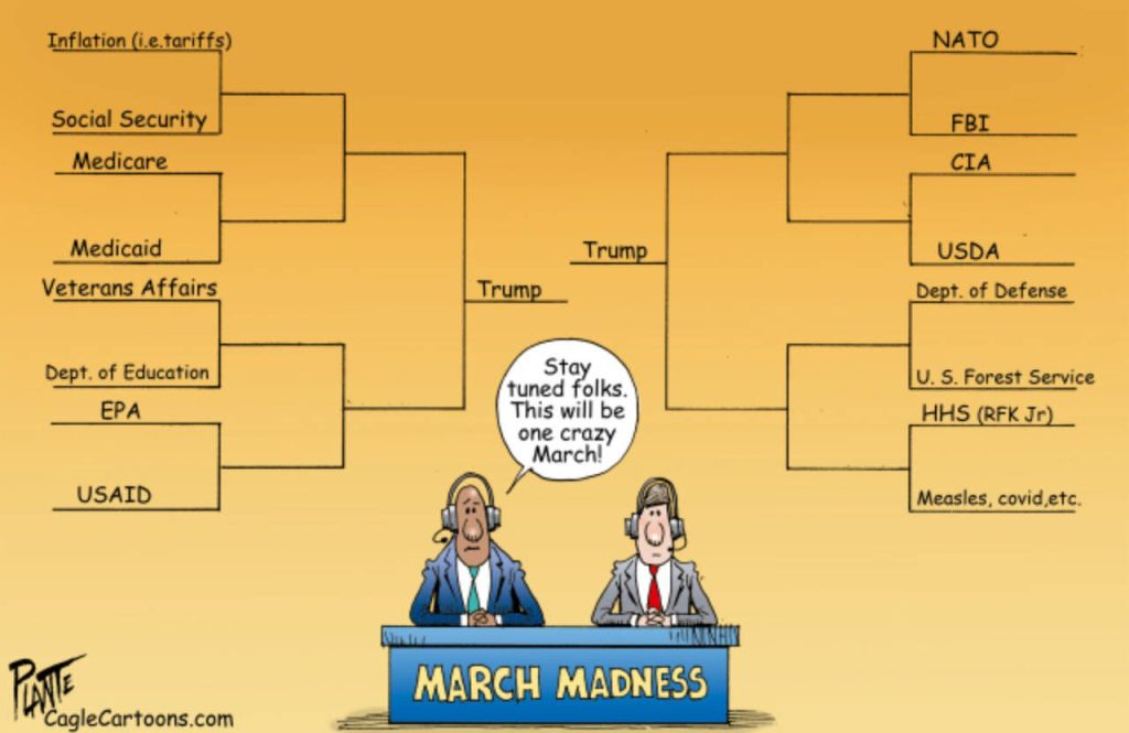 March Madness bracket will be crazy, Inflation, Social Security, Medicare, Medicaid, Veterans Affairs, Dept. of Education, EPA, USAID, NATO, FBI, CIA, USDA, Dept. of Defense, U.S.Forest Service, HHS, RFK Jr., Measels, Covid