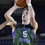 Edmonds-Woodways Cam Hiatt makes a jump shot during the 3A boys championship game against Rainier Beach on Saturday, March 8, 2025 in Tacoma, Washington. (Olivia Vanni / The Herald)