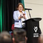 Lynnwood Mayor Christine Frizzell claps as she recognizes some of her constituents during her State of the City address at the Lynnwood Event Center on Wednesday, Feb. 26, 2025 in Lynnwood, Washington. (Olivia Vanni / The Herald)