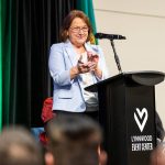 Lynnwood Mayor Christine Frizzell claps as she recognizes some of her constituents during her State of the City address at the Lynnwood Event Center on Wednesday, Feb. 26, 2025 in Lynnwood, Washington. (Olivia Vanni / The Herald)