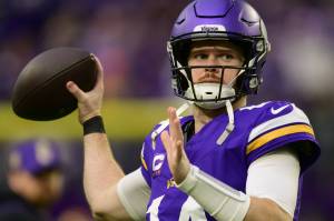 Minnesota Vikings quarterback Sam Darnold (14) throws during warmups before the start of a NFL football game against the Green Bay Packers at U.S. Bank Stadium in Minneapolis on Sunday, Dec. 29, 2024. (John Autey / Pioneer Press / Tribune News Services)