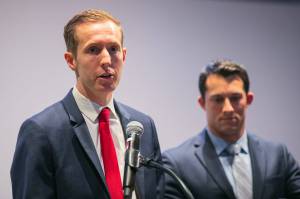 Snohomish County Councilmember Nate Nehring, left, speaks alongside Councilmember Jared Mead in 2023 at Western Washington University Everett. (Ryan Berry / The Herald)
