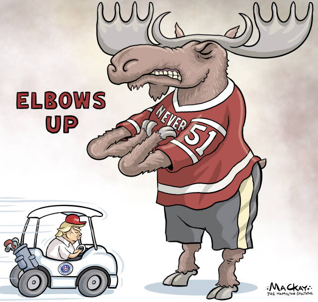 Editorial Cartoon by Graeme MacKay, The Hamilton Spectator – Saturday March 8, 2025

Canada's "Elbows Up" approach signifies a strategic shift towards economic resilience and national unity in response to U.S. tariffs and geopolitical challenges.

Elbows Up: The New Canadian Rallying Cry

In recent months, a phrase has emerged that encapsulates the spirit of a nation grappling with an unprecedented series of challenges: "Elbows Up." This term, borrowed from the gritty ethos of hockey, has transcended its sports origins to become a symbol of resilience and defiance in the face of external pressures. As Canadians find themselves navigating turbulent geopolitical waters, this rallying cry reflects both the urgency of the moment and the path forward.

Canada's strategic landscape has shifted dramatically. Under President Donald Trump, the United States—a longstanding ally and key trading partner—has adopted a more adversarial stance. The imposition of 25% tariffs on Canadian goods marks a turning point, highlighting Canada's vulnerability due to its economic dependence on its southern neighbour. The phrase "Elbows Up" embodies a call to action, urging Canadians to protect their interests and assert their sovereignty.

News: ‘Elbows up!’: Canadian leaders, celebrities turn tough on tariff tensions  https://www.ctvnews.ca/sports/article/elbows-up-canadian-leaders-celebrities-turn-tough-on-tariff-tensions/

The economic complacency that has characterized Canada's relationship with the U.S. is now a liability. The urgent need to diversify trade partnerships and bolster domestic manufacturing is clear. Initiatives like expanding the Digital Supercluster program and reshoring critical industries are steps in the right direction. By embracing innovation and reducing reliance on external supply chains, Canada can build a more resilient economy that is less susceptible to the whims of foreign powers.

The "Elbows Up" mentality also speaks to the importance of national