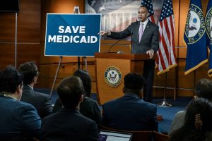 **EMBARGO: No electronic distribution, Web posting or street sales before Saturday at 3:00 a.m. ET on Mar. 1, 2025. No exceptions for any reasons. EMBARGO set by source.** House Minority Leader Hakeem Jeffries, (D-NY) speaks at a news conference about Republicans’ potential budget cuts to Medicaid, at the U.S. Capitol in Washington, Feb. 27, 2025. As Republicans push a budget resolution through Congress that will almost certainly require Medicaid cuts to finance a huge tax reduction, Democrats see an opening to use the same strategy in 2026 that won them back the House in 2018. (Kenny Holston/The New York Times)