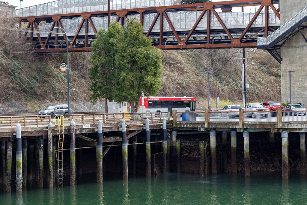 Port of Everett officials say an aging, 65-foot-long bulkhead near the Grand Avenue Park Bridge, and the wharf to its west, need to be replaced. (Aaron Kennedy / The Herald)