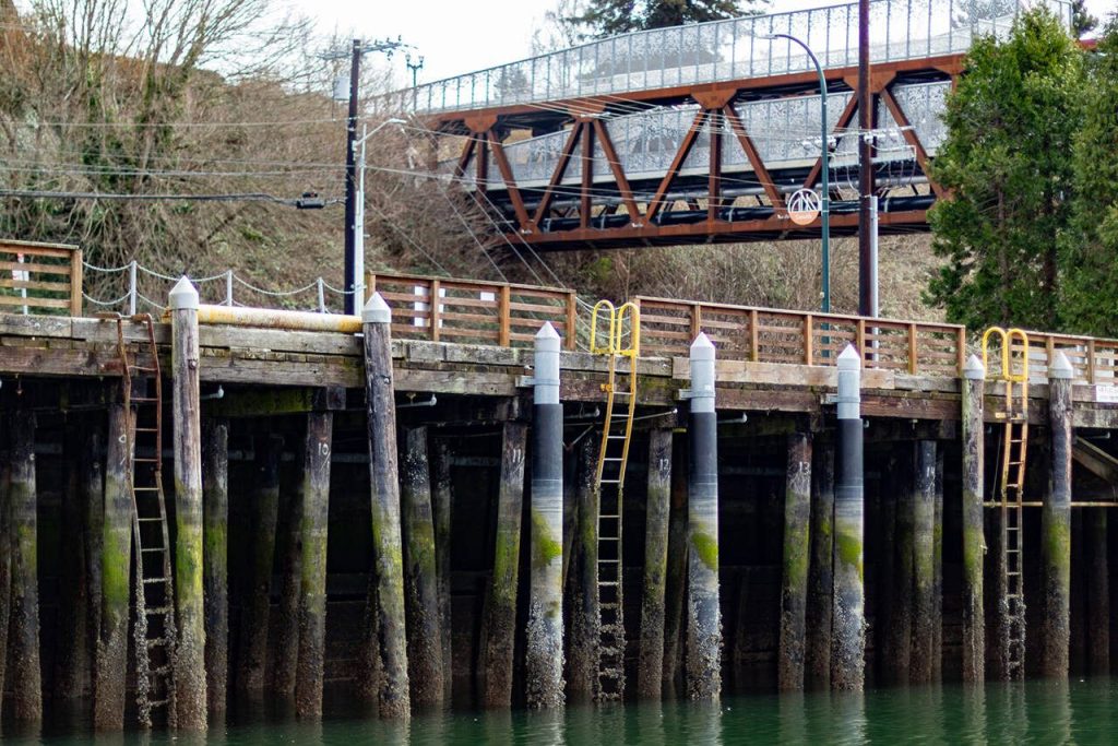Port of Everett officials say an aging, 65-foot-long bulkhead near the Grand Avenue Park Bridge, and the wharf to its west, need to be replaced. (Aaron Kennedy / The Herald)