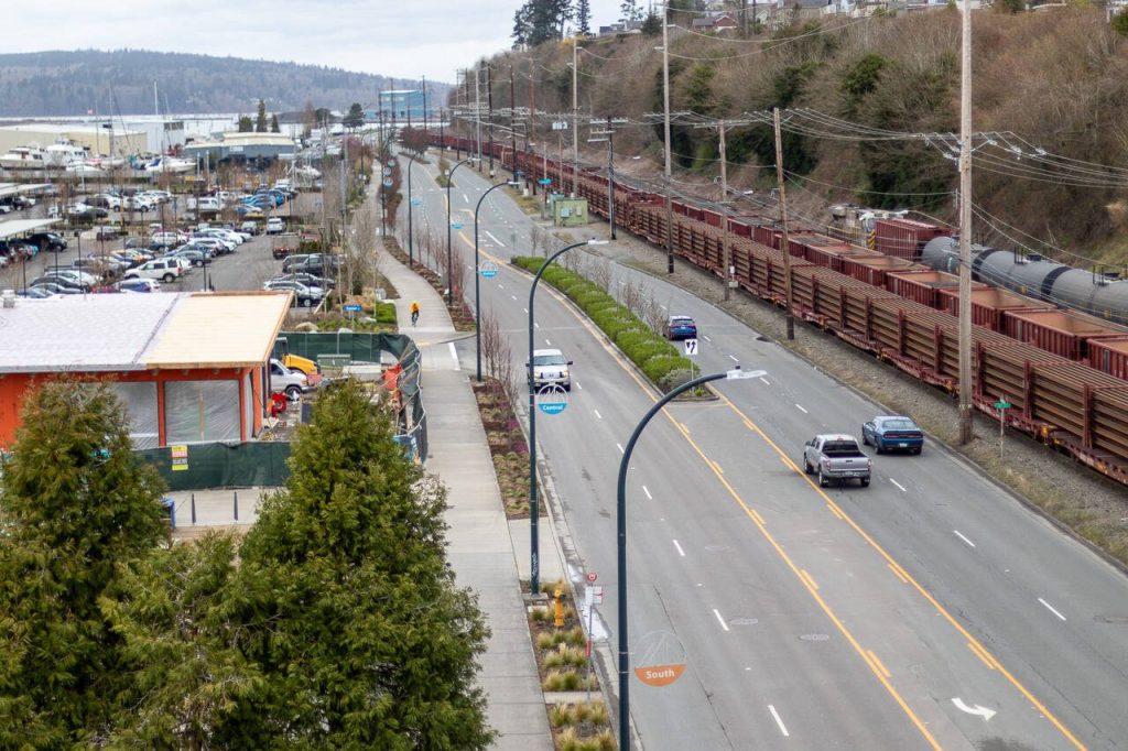 Port of Everett officials say an aging, 65-foot-long bulkhead near the Grand Avenue Park Bridge, and the wharf to its west, need to be replaced. (Aaron Kennedy / The Herald)
