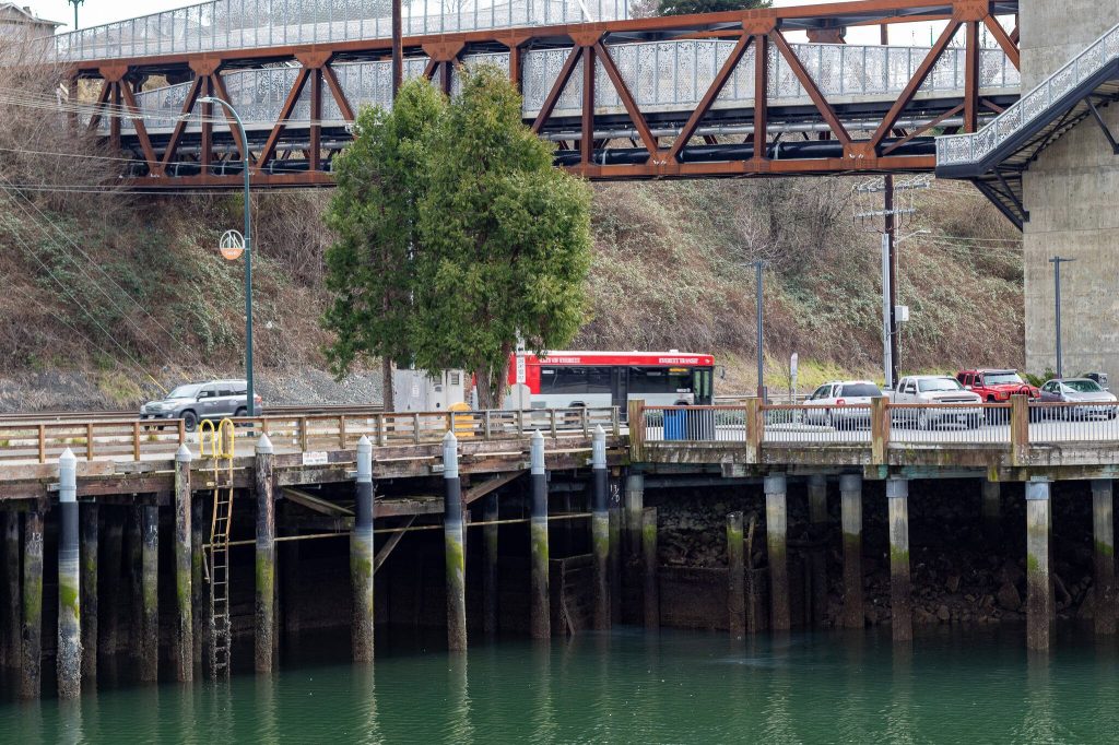 Port of Everett officials say an aging, 65-foot-long bulkhead near the Grand Avenue Park Bridge, and the wharf to its west, need to be replaced. (Aaron Kennedy / The Herald)
