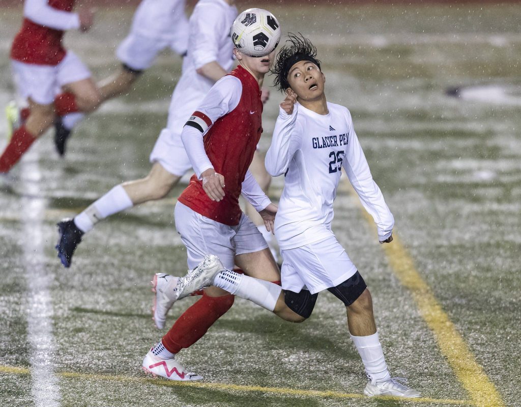 Glacier Peaks Rafael Nathan Leong runs after the ball during the game against Snohomish on Wednesday, March 12, 2025 in Snohomish, Washington. (Olivia Vanni / The Herald)