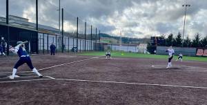 Monroe freshman pitcher Addelyn Bryant releases a pitch to Glacier Peak's Emma Hirshorn in the bottom of the seventh inning of Monroe softball's 3-0 win in Monroe, Washington on March 13, 2025. (Joe Pohoryles / The Herald).