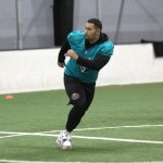 Former Jackson High School standout Johnny Navarro prepares to chase down a player during the Arena Football One teams practice at Snohomish Sports Dome on Thursday, March 13, 2025. (Aaron Coe / The Herald)