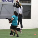 Wolfpack receiver Aakiel Greer catches a pass during the Arena Football One teams practice at Snohomish Sports Dome on Thursday, March 13, 2025. (Aaron Coe / The Herald)