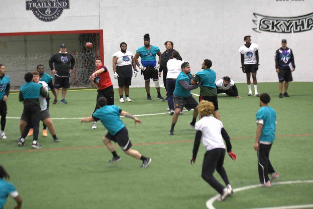 Washington Wolpack quarterback Joe Hess throws a pass during the Arena Football One teams practice at Snohomish Sports Dome on Thursday, March 13, 2025. (Aaron Coe / The Herald)