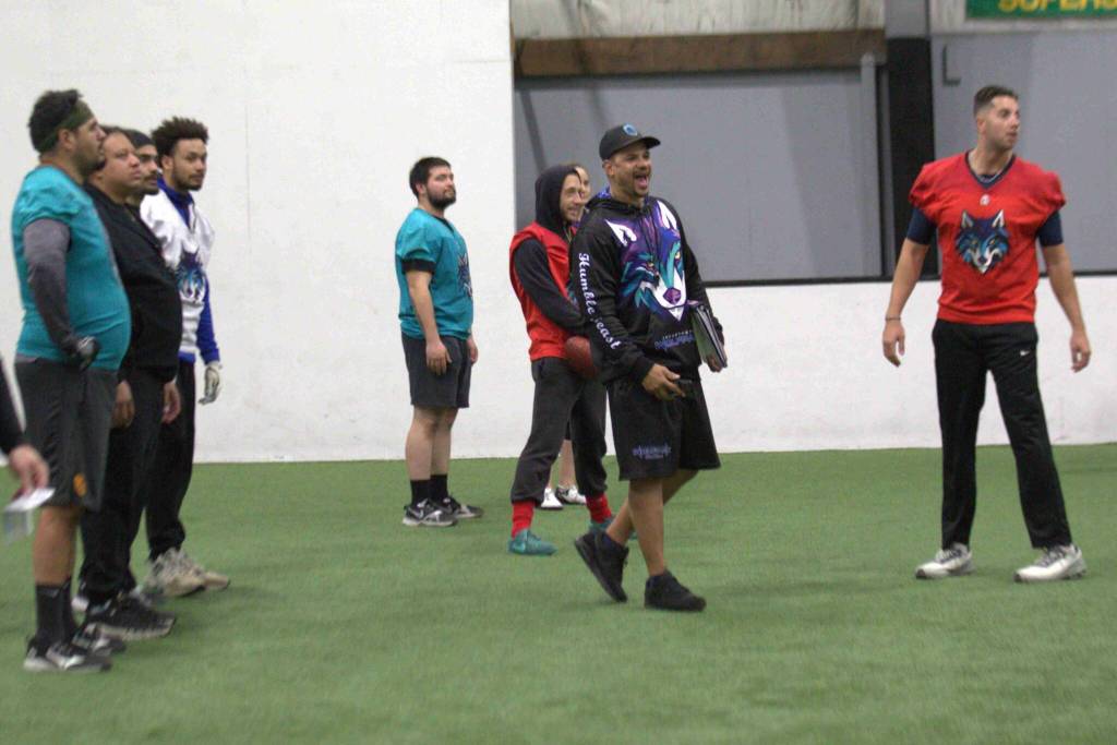 Washington Wolpack head coach J.R. Wells reacts to a playing during the Arena Football One teams practice at Snohomish Sports Dome on Thursday, March 13, 2025. (Aaron Coe / The Herald)