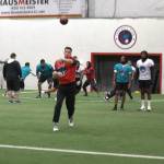 Washington Wolfpack quarterback Joe Hess throws a pass during the Arena Football One team's practice at Snohomish Sports Dome on Thursday, March 13, 2025. (Aaron Coe / The Herald)