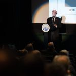 Edmonds Mayor Mike Rosen gives his State of the City address on Thursday at The Edmonds Theater. (Will Geschke / The Herald)