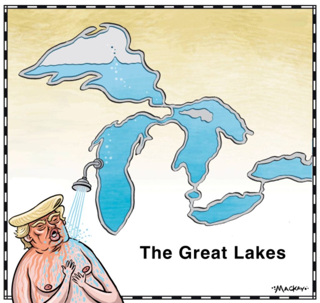 Editorial Cartoon by Graeme MacKay – Friday March 14, 2025

Trump risks Great Lakes' protections

Trump's deregulatory agenda threatens Great Lakes protections, risking water conflicts between the U.S. and Canada amid growing scarcity

Great Lakes Under Siege: Trump's Water Wars

The potential conflict over the Great Lakes and their freshwater resources has become a significant concern under the Trump administration. With parts of the U.S. facing chronic drought, President Trump has reportedly considered undermining joint agreements that protect the Great Lakes, which hold about 20% of the world's freshwater reserves. His administration's rollback of over 30 environmental regulations has already weakened protections, raising fears that the Great Lakes restoration process might also be compromised.

Historically safeguarded by agreements like the Great Lakes Compact, the lakes are vital to both the U.S. and Canada. However, Trump's remarks about diverting Canadian water to drought-stricken areas, coupled with his administration's deregulatory actions, have heightened worries about future water conflicts. These concerns are exacerbated by Trump's enablers, who support his deregulatory agenda, potentially paving the way for large-scale water diversion projects that could threaten the ecological and economic stability of the Great Lakes region.

The situation underscores the importance of maintaining cooperative agreements and robust environmental protections to safeguard these critical water resources against growing geopolitical and environmental pressures. Without these protections, the region's water security and economic prosperity could be at risk, especially as climate change intensifies water scarcity issues in parts of the United States.

Source: Financial Post https://financialpost.com/feature/canada-water-next-front-battle-with-u-s

This has been readapted from an editorial cartoon that was originally published June 23, 2016.

Donald Trump, deregulation, Gr
