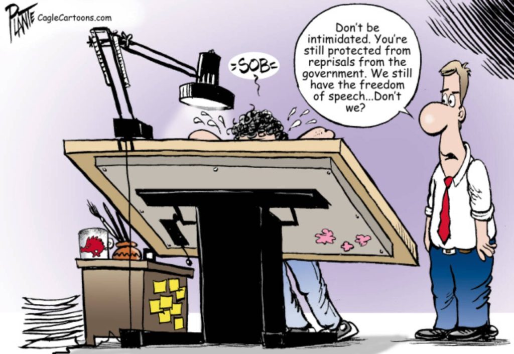 An editorial cartoonist at the drawing board feels intimidated,  new administration, President Donald J. Trump,  lawsuits, threats, MAGA, crazys, personal threats, danger, family thread Justice Amy Comey Barrett , sister's threats