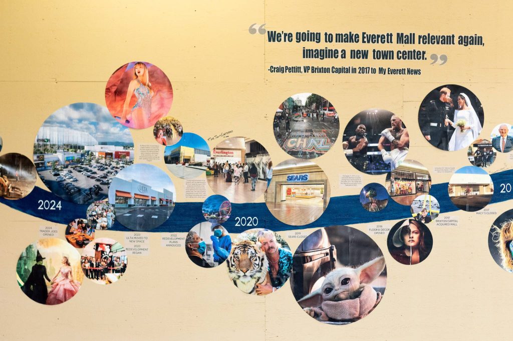 Photos by Aaron Kennedy / The Herald
A portion of the timeline mural in the Everett Mall that displays the most recent years of the shopping center on Thursday in Everett.