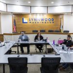 Lynnwood City Council members gather for a meeting on Monday, March 17, 2025 in Lynnwood, Washington. (Olivia Vanni / The Herald)