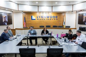 Lynnwood City Council members gather for a meeting on Monday, March 17, 2025 in Lynnwood, Washington. (Olivia Vanni / The Herald)