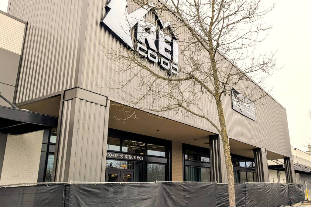 The exterior of the future REI location at the Alderwood Parkway Plaza Shopping Center on Wednesday, March 19, 2025, in Lynnwood, Washington. (Mike Henneke / The Herald)