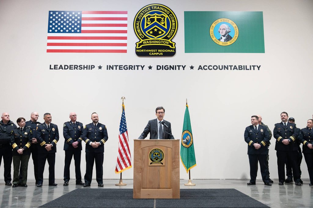 Gov. Bob Ferguson speaks at the opening of the Washington State Criminal Justice Training Commissions Northwest Regional Campus on Thursday, March 20 in Arlington, Washington. (Will Geschke / The Herald)