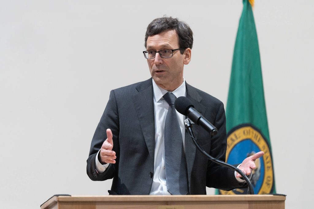 Gov. Bob Ferguson speaks at the opening of the Washington State Criminal Justice Training Commissions Northwest Regional Campus on Thursday, March 20 in Arlington, Washington. (Will Geschke / The Herald)