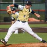 Arlington’s Aiden Jones (8) pitches during a baseball game between Monroe and Arlington at Monroe High School on Friday, April 26, 2024 in Monroe, Washington. Monroe secured a win in an eighth inning, 4-3. (Annie Barker / The Herald)